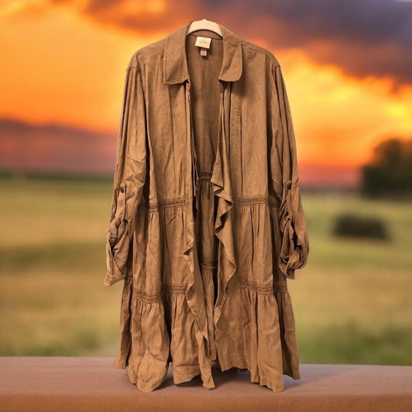 Knox Rose Jackets & Blazers - Knox Rose Long Open Cardigan XL Jacket‎ Brown Tan Ruffles Waterfall Drape